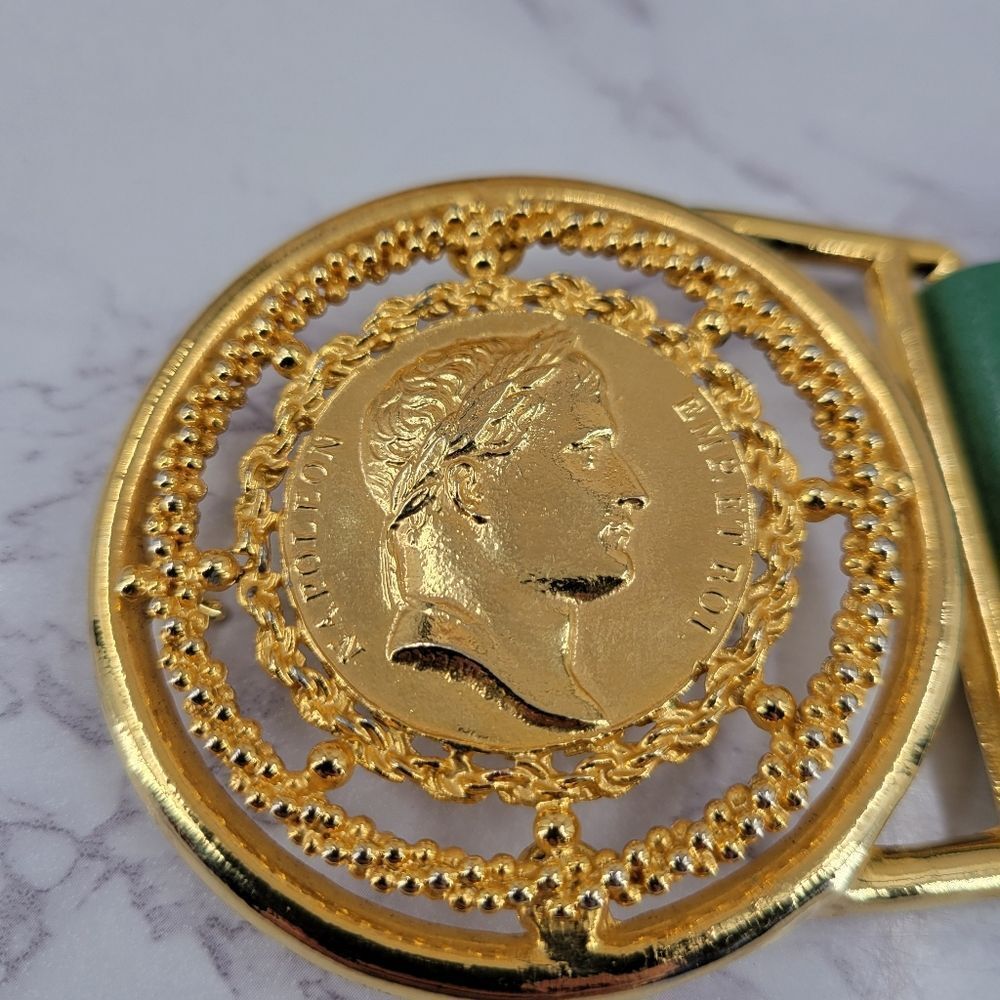 Vintage Green Leather Statement Belt with Gold Napoleon Coin Medallion - Picture 12 of 16